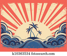 ilha paraíso, ligado, grunge, papel, fundo, com, sol