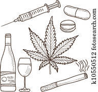 Illustration of narcotics - marijuana, alcohol and other Illustration of narcotics - marijuana, alcohol and other