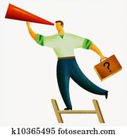 ilustración, de, un, hombre, en la cima de, un, escalera, llevar una cartera, y, sople cuerno