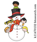kinder, spielen, mit, a, schneemann kinder, spielen, mit, a, schneemann