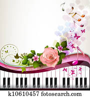 klavierschlüssel, mit, rosenblüte klavierschlüssel, mit, rosenblüte