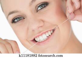 kvinne, bruk, dental floss