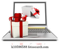 Laptop and gifts on white 