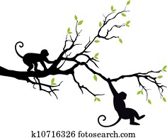 macacos, ligado, árvore, vetorial