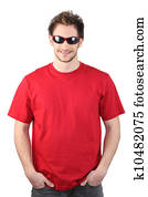 Man dressed in a red t-shirt and wearing sunglasses