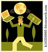 Man holding a stack of money and a computer