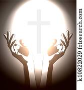 mano, y, cristiano, cruz, silueta