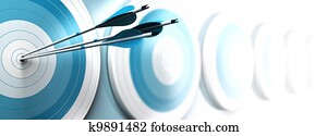 many blue targets and three arrows reaching the center of the first one, image fading from blue to white with blur effect, horizontal format dedicated for a banner. Strategic marketing or business com