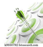 many green targets and three arrows reaching the center of objective, image fading from green to white with blur effect, square format. Strategic marketing or business competitive advantage concept. many green targets and three arrows reaching the center of objective, image fading from green to white with blur effect, square format. Strategic marketing or business competitive advantage concept.