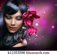 moda, morena, menina, com, magnólia, flores