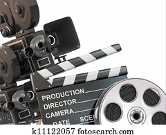 Movie composition. Vintage camera, reel and clapperboard.