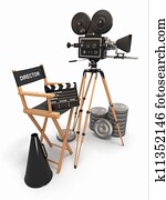 Movie composition. Vintage camera, director chair and reels.