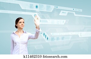 mujer de negocios, y, pantalla del tacto, tecnología