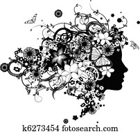 mulher bonita, com, cabelo, feito, de, flores