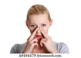 mulher jovem, com, sinus, pressão, dor