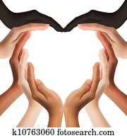 multirassisch, menschliche hände, machen, a, herz gestalt, weiß, hintergrund, mit, a, kopieren platz, mitte