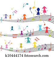 Music note with kids playing with the musical notes