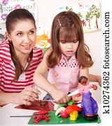 mãe, e, a, filha, molde, de, plasticine.