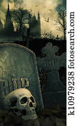 Night scene in graveyard with skull and graves Night scene in graveyard with skull and graves
