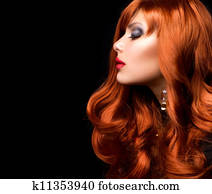 ondulado, vermelho, Hair., moda, menina, retrato