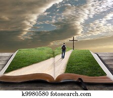 Open bible with man and cross Open bible with man and cross