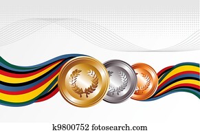 oro, plata, y, bronce, medallas, con, cintas, plano de fondo