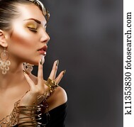 ouro, Makeup., moda, menina, retrato