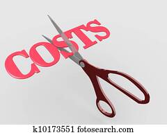 Pair of scissors cuts business expense word COSTS in half to save money Pair of scissors cuts business expense word COSTS in half to save money