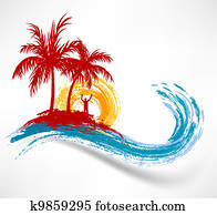 Palm trees and ocean wave. Man against the sunset