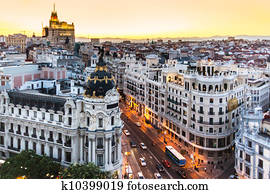 Panoramic view of Gran Via, Madrid, Spain.