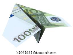 paper airplane from the euro on a white background
