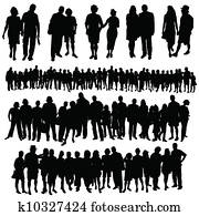 par, og, stor, gruppe av folk, vektor, silhouette