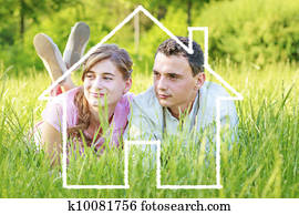 pareja joven, soñar, a, un, casa