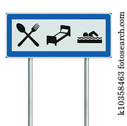 parkolóhely, út cégtábla, elszigetelt, étterem, hotel, motel, uszoda, ikonok, országúti, signage, lengyel, állás, kék, fekete, fehér, elszállásolás, erőforrás, mutató, útjelző tábla, cégtábla