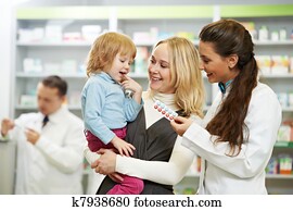 Pharmacy chemist, mother and child in drugstore Pharmacy chemist, mother and child in drugstore