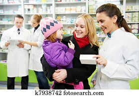 Pharmacy chemist, mother and child in drugstore Pharmacy chemist, mother and child in drugstore