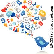 pássaro azul, com, social, mídia, ícones