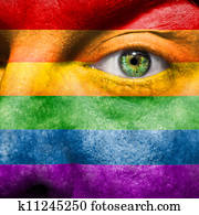 Rainbow Flag painted on face  to show gay pride support