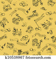 retro, voitures, croquis, sur, jaune, arrière-plan., seamless