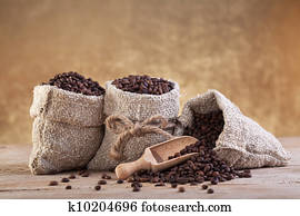 Roasted coffee in burlap bags