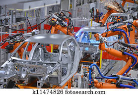 robôs, soldadura, em, fábrica