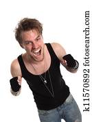 Rocker dude with raised fists 