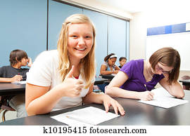 rubio, niña, ases, prueba, en, escuela