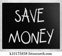 "save, money", manuscrito, con, blanco, tiza, en, un, pizarra