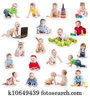 set of crawling babies or toddlers with toys isolated on white set of crawling babies or toddlers with toys isolated on white