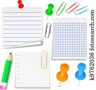 Set of different paper, push pins and clips Set of different paper, push pins and clips