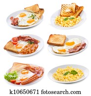 set with various plates of fried and scrambled eggs