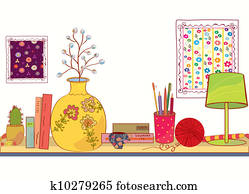 Shelf with book and house objects cartoon Shelf with book and house objects cartoon