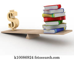 Sign dollar and the books on scales. 3D image.
