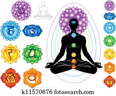 silhouette, von, mann, mit, symbole, von, chakra silhouette, von, mann, mit, symbole, von, chakra